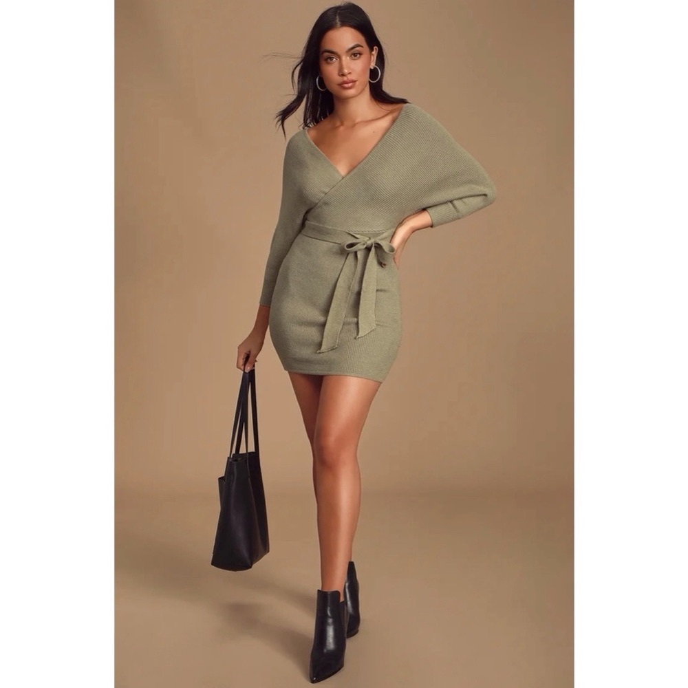 Modena Sage Green Dolman Sleeve Bodycon Sweater Dress, Size M
